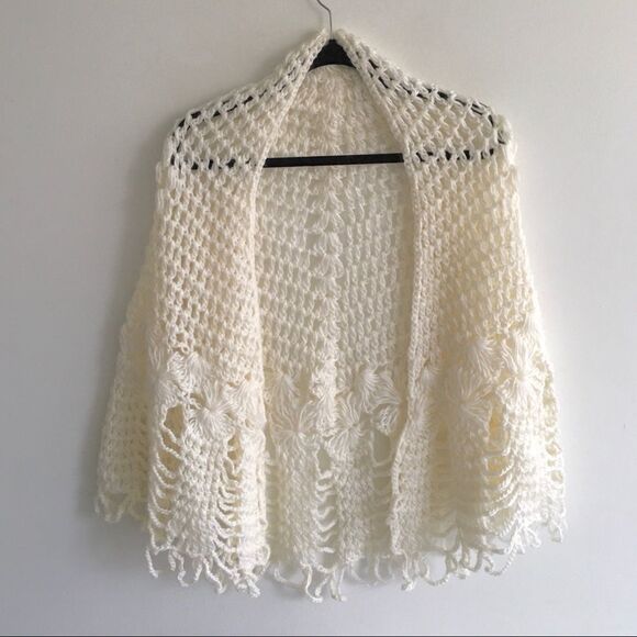 Hand Knit Crochet Shawl Wrap Cardigan Sweater Cream Bobo One Size - Picture 2 of 6